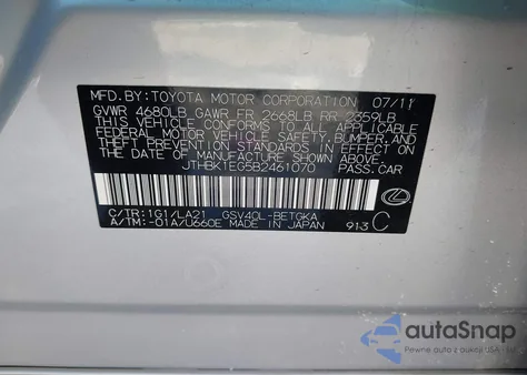 2011 Lexus Es 350 из США, поврежденный, VIN JTHBK1EG5B2461070